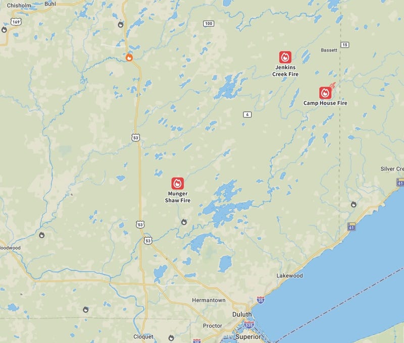 The three fires currently burning and leading to evacuations north of Duluth, Minnesota.