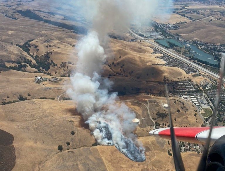 An overhead view of a grass fire near San Jose on Monday afternoon.
