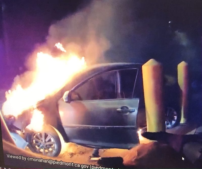 Flames erupt in the single-vehicle accident, as seen on the officer's body camera.