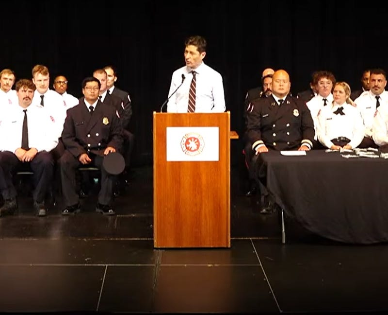 Minneapolis Mayor Jacob Frey welcomes the city's newest group of firefighters on Monday, August 4.