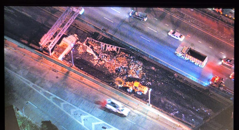 The charred remains of the trucks and cars were all that was left after the flames were extinguished