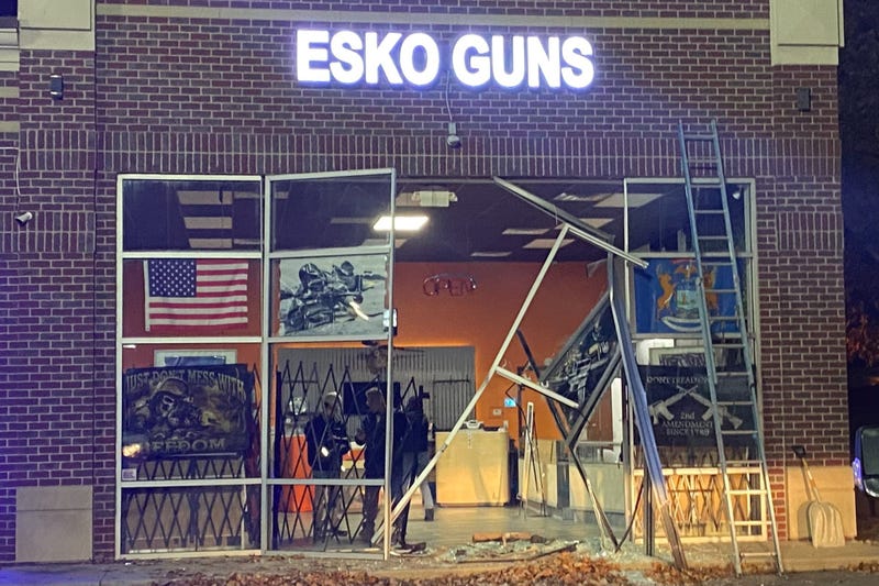 Several suspects are on the loose after they crashed a car through the front of a Wayne County gun shop early Thursday morning -- but ended up empty-handed. authorities said.