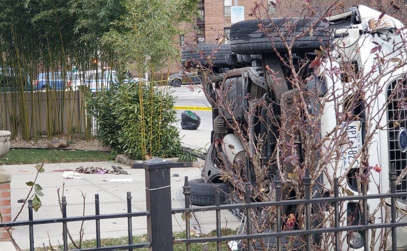 Police said a man struck his wife with an SUV, which landed on its side in front of a home on Parsons Boulevard in Flushing