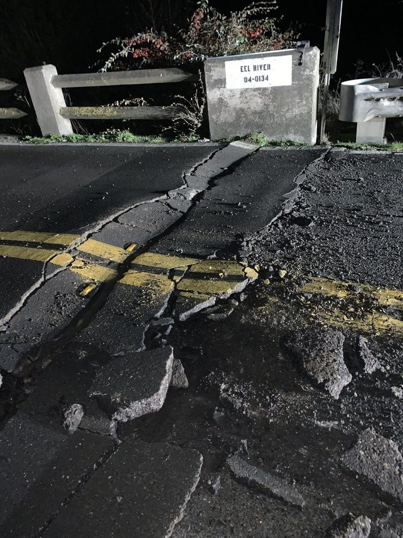 A bridge that crosses the Eel River into Ferndale, known as Fernbridge, suffered major damage following the quake.