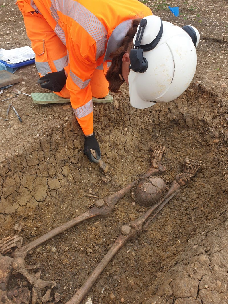 Roman skeleton with head placed between legs uncovered during archaeological excavations at Fleet Marston, near Aylesbury, Buckinghamshire. Excavations took place during 2021.