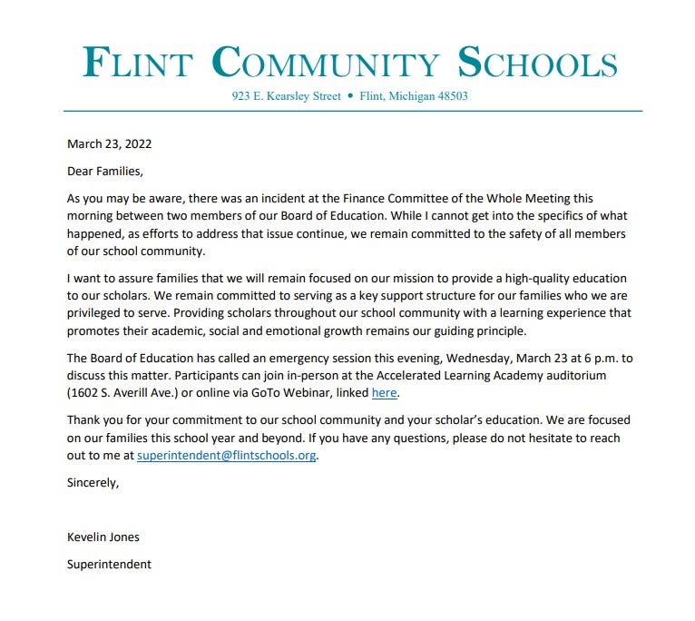 Flint police said they are investigating claims of a violent physical assault between two community board members during a meeting on Wednesday morning.