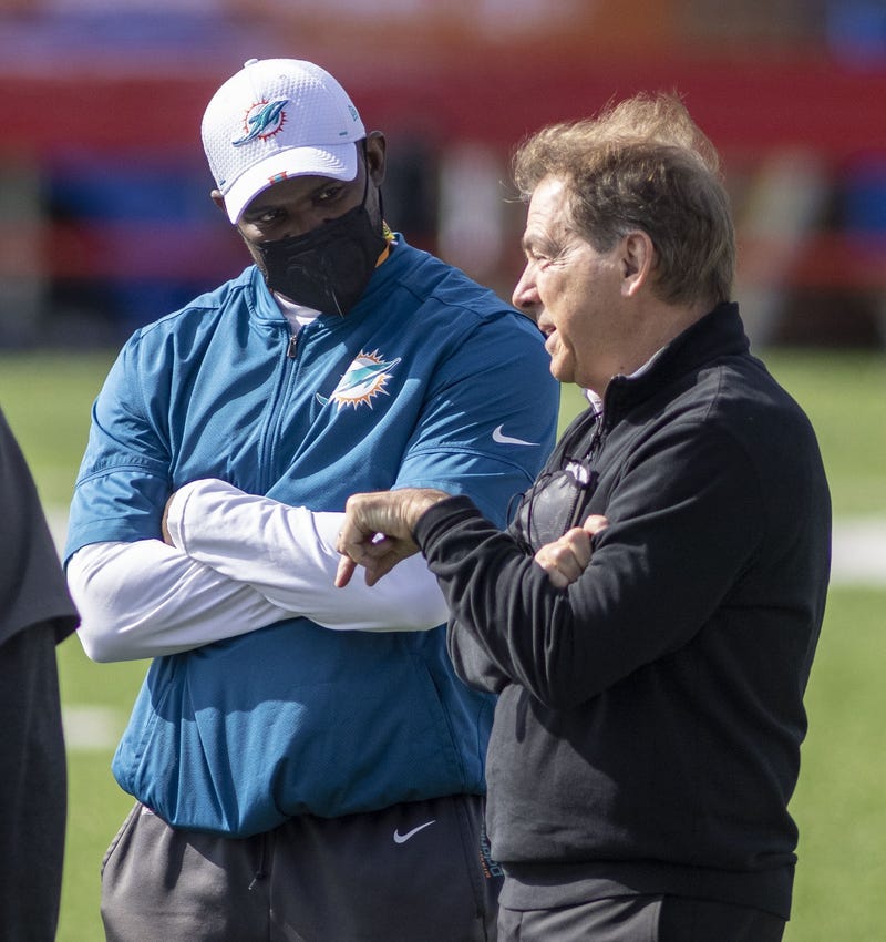 Brian Flores and Nick Saban at 2021 Senior Bowl