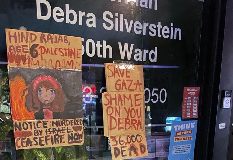 Flyers were posted to the window of North Side Ald. Debra Silverstein's office Sunday night. Silverstein has described the flyers as antisemitic and hateful.
