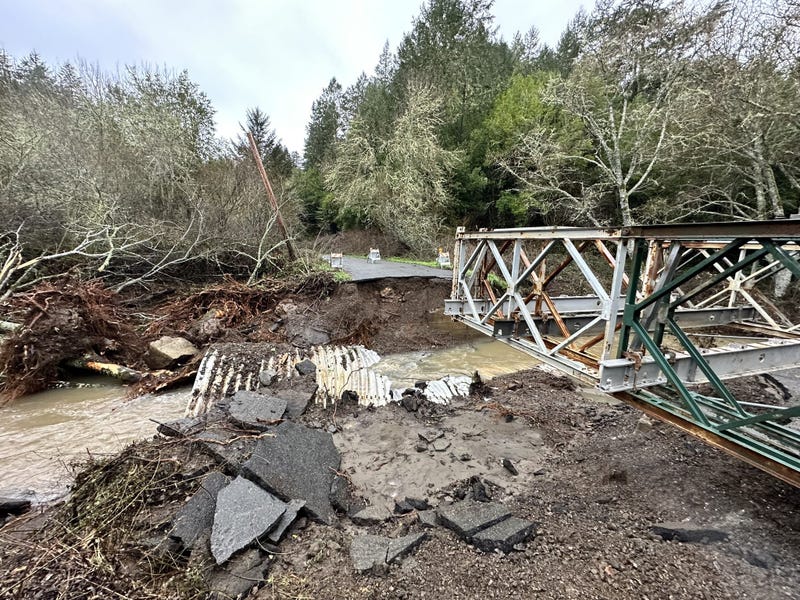 Crews are working on Salmon Creek Rd, near Bodega to construct a Bailey Bridge to re-connect a portion of road destroyed by the storms.