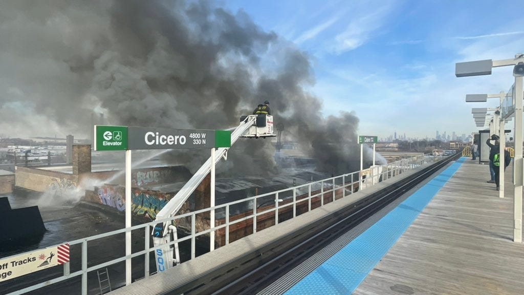 Chicago firefighters battle two-alarm fire steps from CTA Green Line; one injury reported