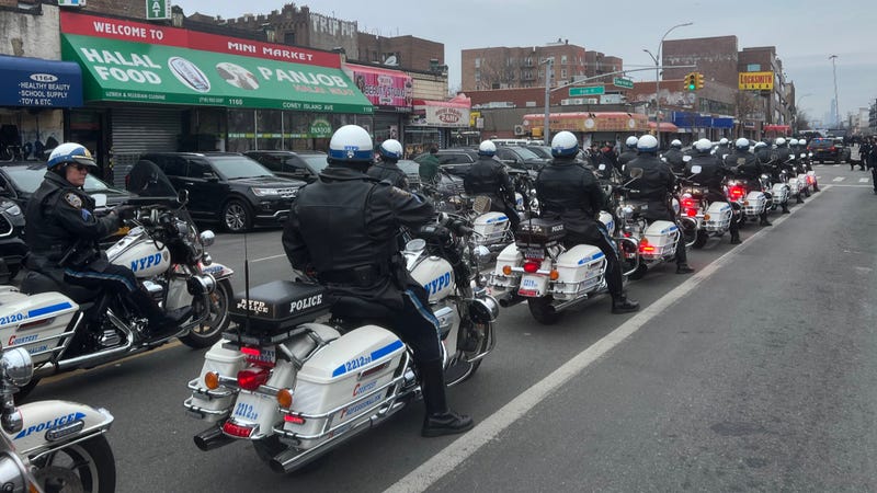A procession of NYPD officers on motorcycles in Midwood on Thursday