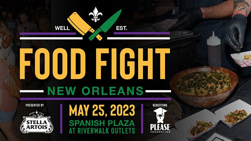 logo for food fight over background with small plates of food