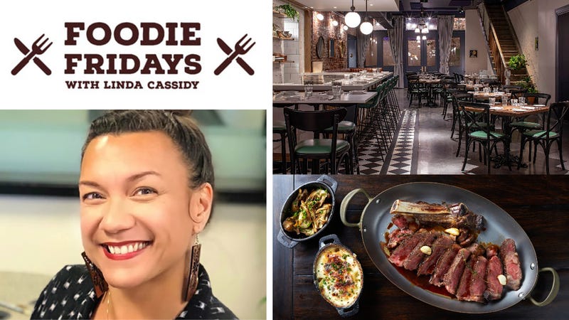 Restarant interior and food items with Linda Cassidy and Foodie Friday logo