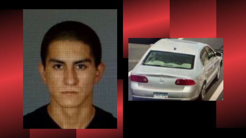 two photos of a young latino man and a silver buick