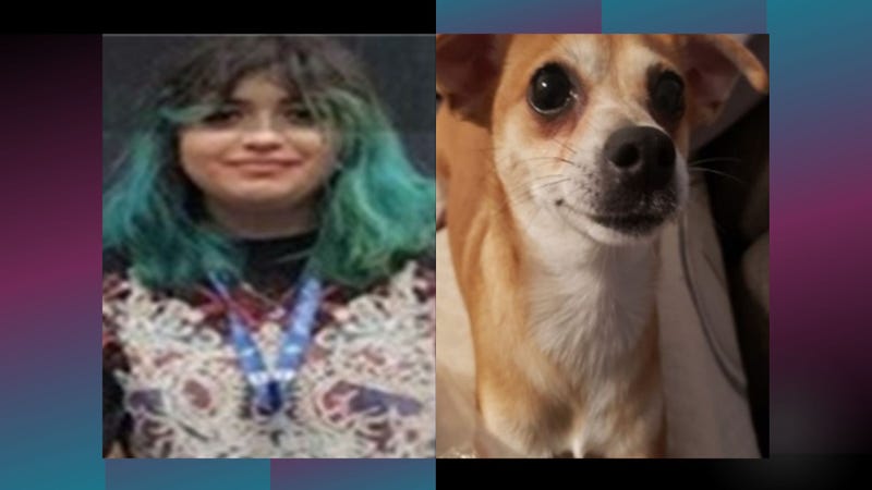teen girl with dyed green hair and small brown dog