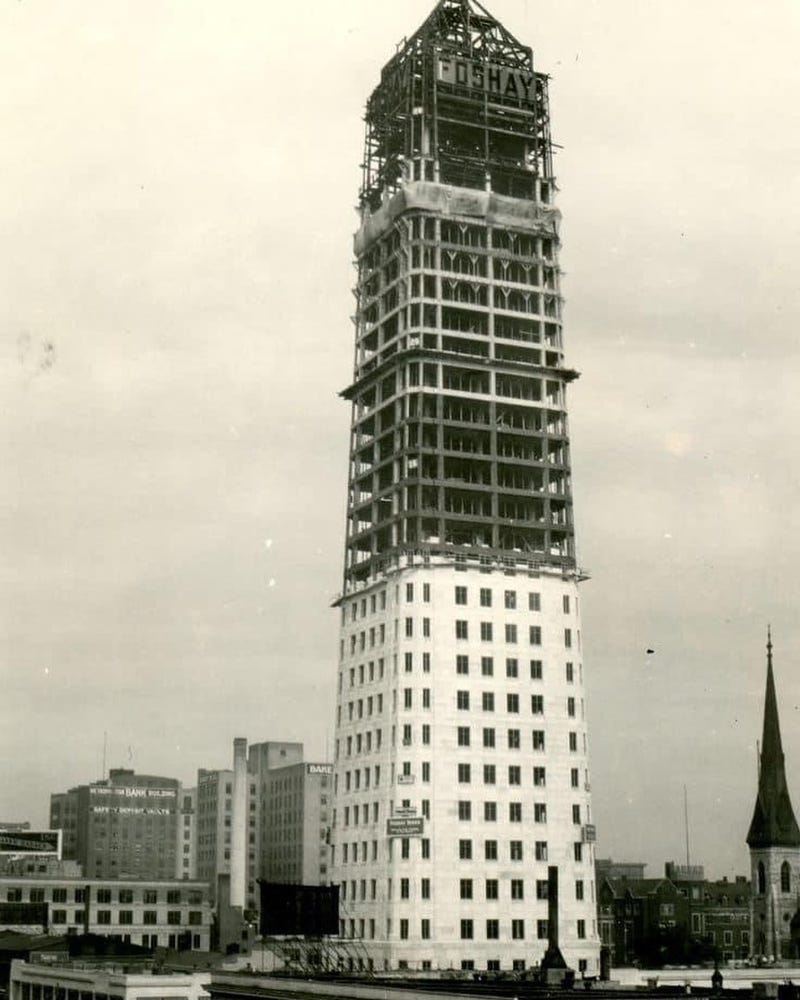 Construction of the Foshay in the 1920s shows how it towered above other city structures at the time. 