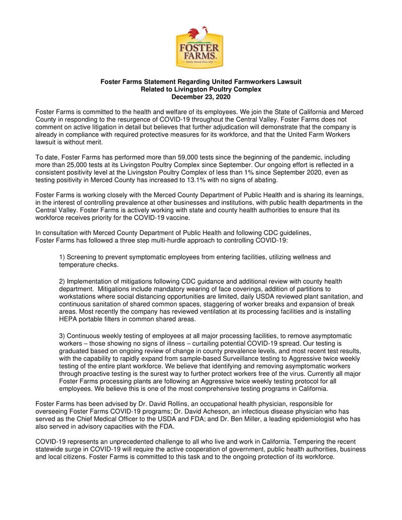 Foster Farms' statement regarding United Farmworkers lawsuit, December 23, 2020.