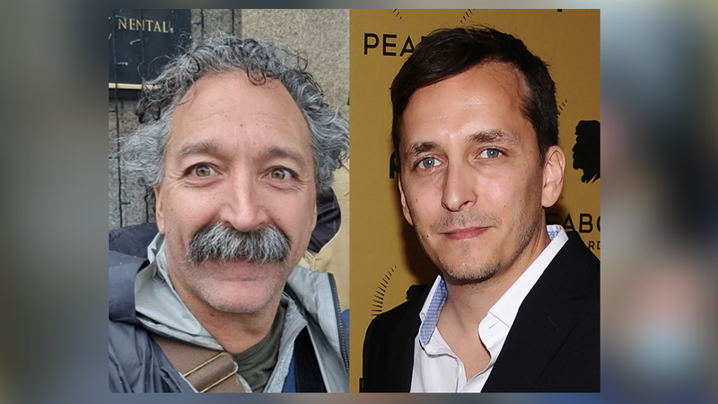 Photo of Pierre Zakrzewski (left) alongside Brent Renaud (right). The selfie photo of Zakrzewski is undated, but shows him in Kyiv. He was killed March 14, 2021 when the vehicle he was traveling in was struck by oncoming fire. Renaud was killed March 13, 2021 when Russian forces opened fire on his vehicle.