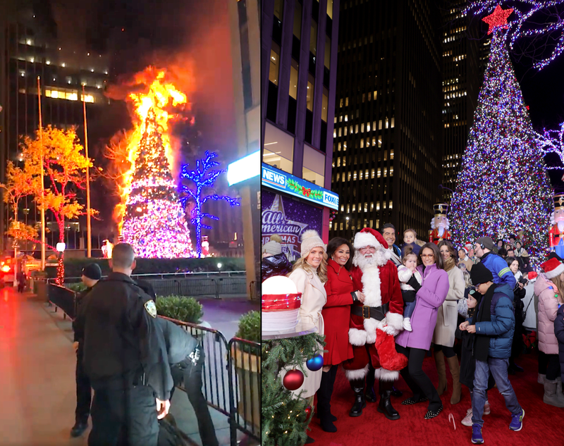 Fox News lit up a “flameproof” tree on Monday night, a year after a firebug burned down last year’s tree, which was quickly replaced at the time. (L-R) Dana Perino, Jeanine Pirro, Santa Claus, Jesse Watters and Jessica Tarlov pose during the lighting on Nov. 21, 2022
