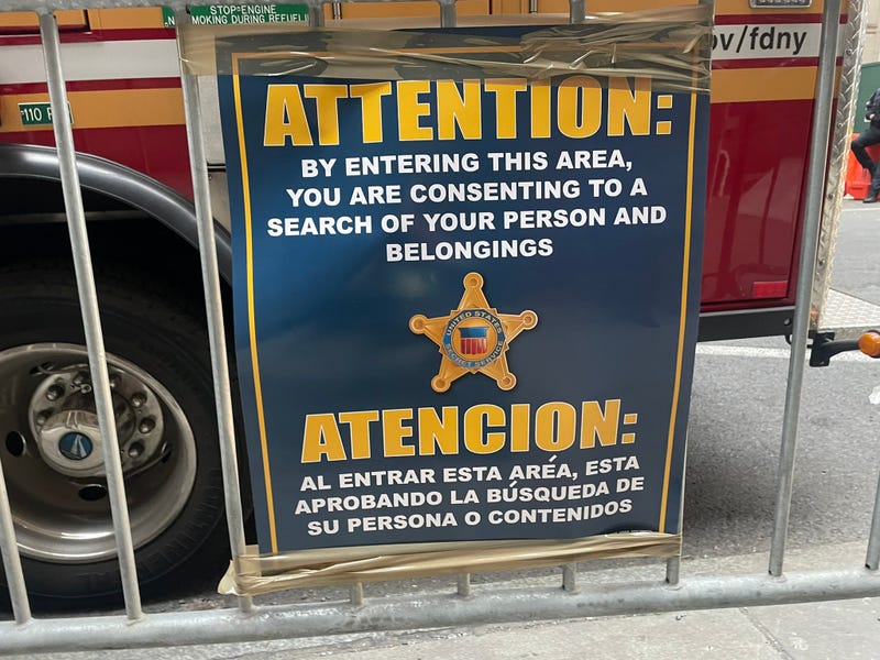 A sign put up by the Secret Service at Trump Tower on March 22, 2023
