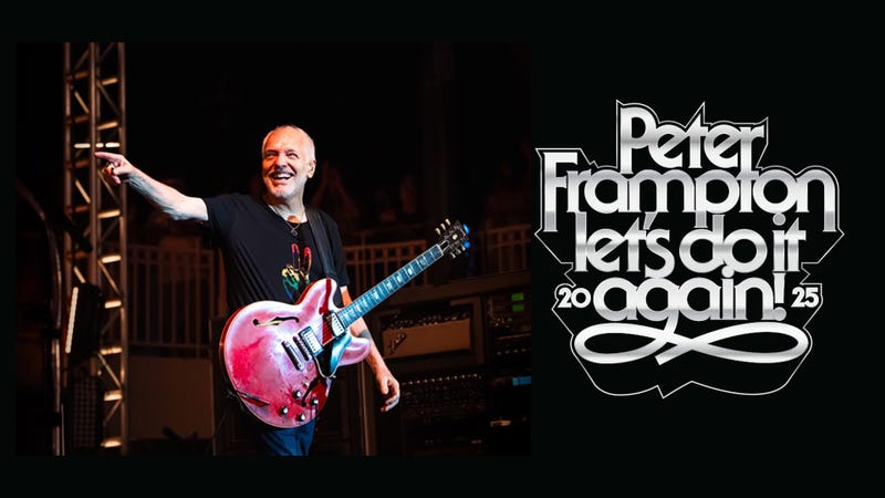 Peter Frampton on stage next to tour logo text