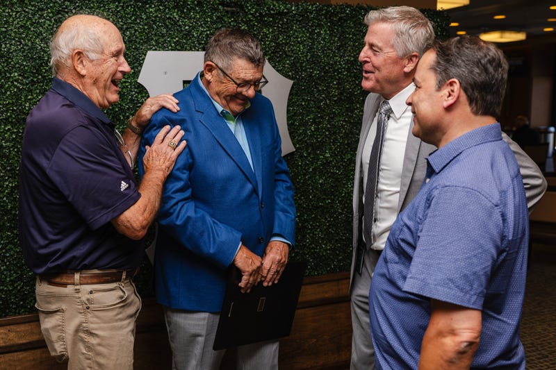 Steve Blass laughs with Lanny Frattare and Greg Brown 