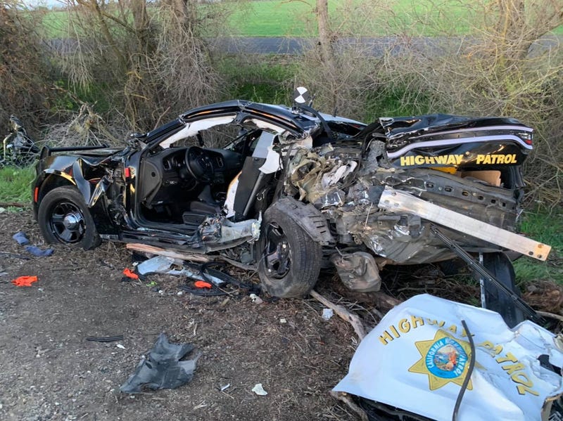 California Highway Patrol said an SUV carrying Frayer and two other unidentified people hit the back of this patrol car, ultimately colliding with a tree before being engulfed in flames.