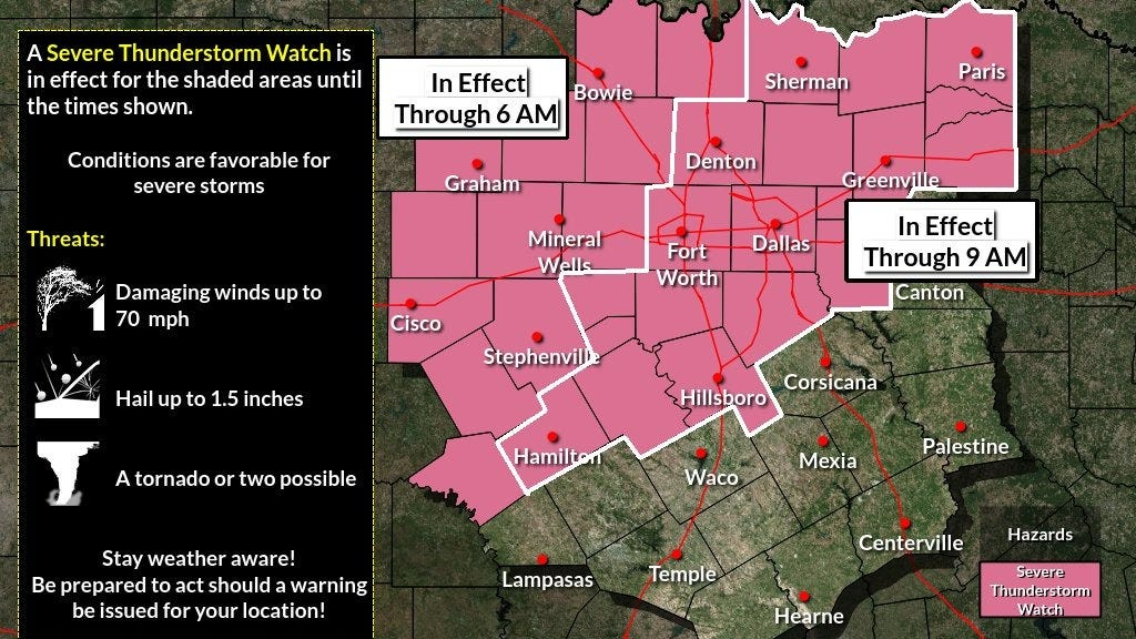 Severe Thunderstorm Watch issued for most of North Texas through 9 a.m. Friday