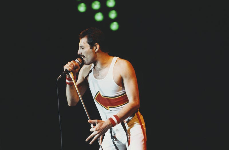 British singer and songwriter Freddie Mercury of rock band Queen performs at Leeds Football Club, England, 29th May 1982