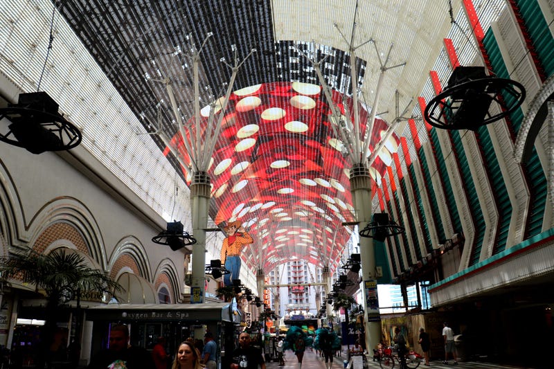 The pedestrian walkway underneath the Fremont Street Experience canopy.