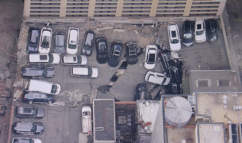 The pancaked garage on Wednesday morning