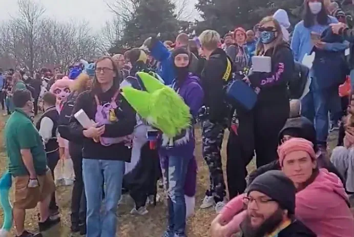 Motor City Furry Con attendees gather after being evacuated from hotel in March 2023.