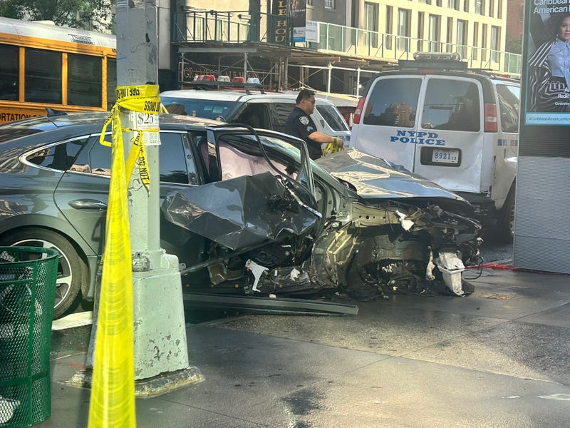 A car was still crumpled on the corner Monday morning after Sunday evening's crash in Gramercy