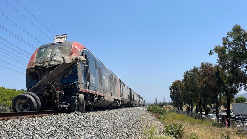 An Amtrak train partially derailed after crashing into a water truck in Moorpark on Wednesday.