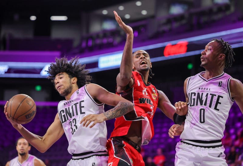 Izan Almansa #33 of G League Ignite grabs a rebound against Alex Sarr #20 of the Perth Wildcats as Ron Holland #0 of Ignite looks on in the second half of an NBA G League Fall Invitational game on September 06, 2023 in Henderson, Nevada.