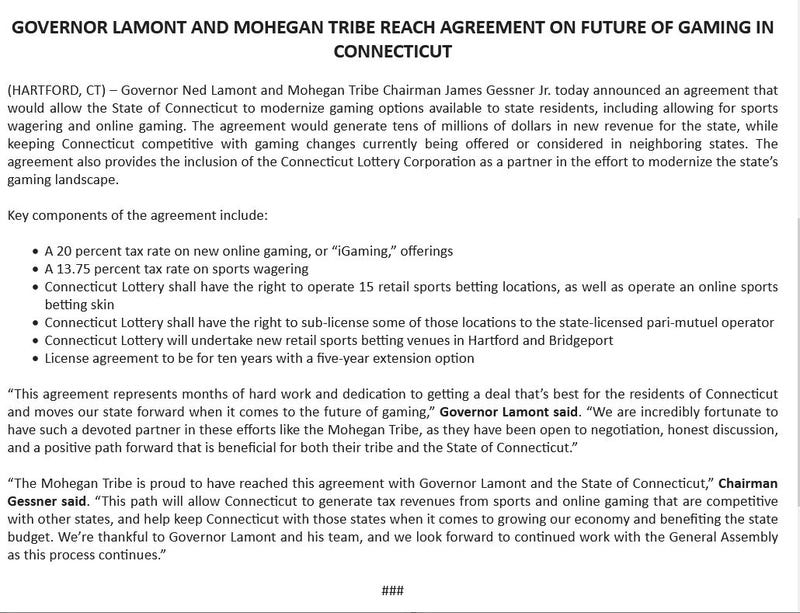 Governor's press release announcing deal for sports gambling, other new gaming options.
