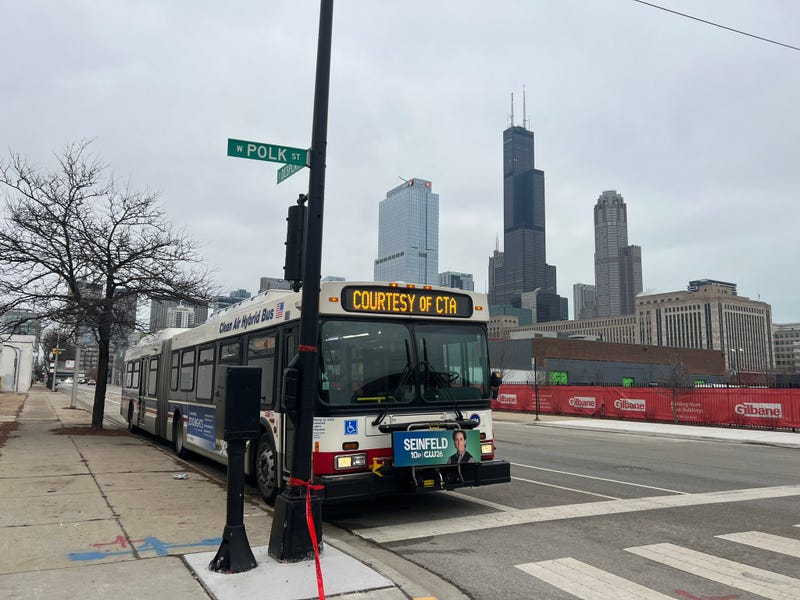 A Chicago Transit Authority warming bus at the corner of Desplaines and Polk Streets, where the City has established a so-called "landing zone" for newly arrived migrants.