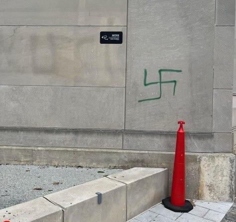 A swastika was spraypainted on the wall of the Horwitz-Wasserman Holocaust Memorial Plaza in January 2024.
