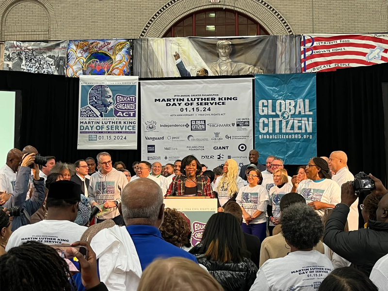 Mayor Cherelle Parker speaks at the opening ceremony of the 29th Martin Luther King Day of Service on Monday at Girard College