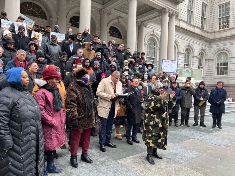 People gathered to rally outside City Hall opposing the "How Many Stops Act" on Jan. 19, 2024.