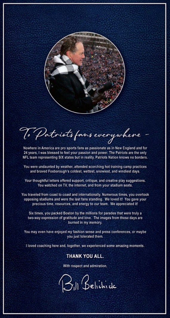 Bill Belichick letter to fans