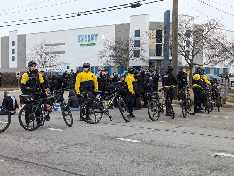 Police arrested protesters who blocked the entrance to a facility belonging to Woodward, a missile component manufacturer.