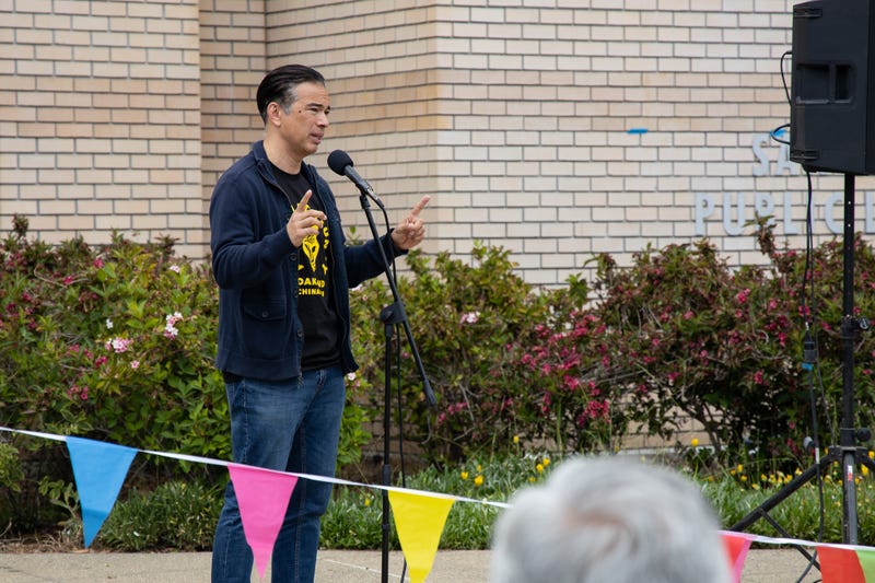 Rob Bonta speaks at an anti-AAPI hate rally in San Leandro