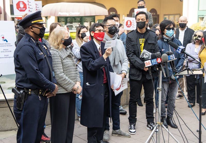 Oakland Police Chief LeRonne Armstrong, Alameda County District Attorney Nancy O'Malley, Carl Chang and actor Daniel Wu at a Monday press conference in Oakland's Chinatown.