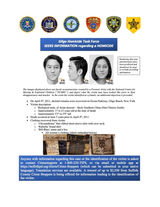 The Gilgo Homicide Task Force released this new poster as they seek information on Asian Doe, whose remains were found in April 2011
