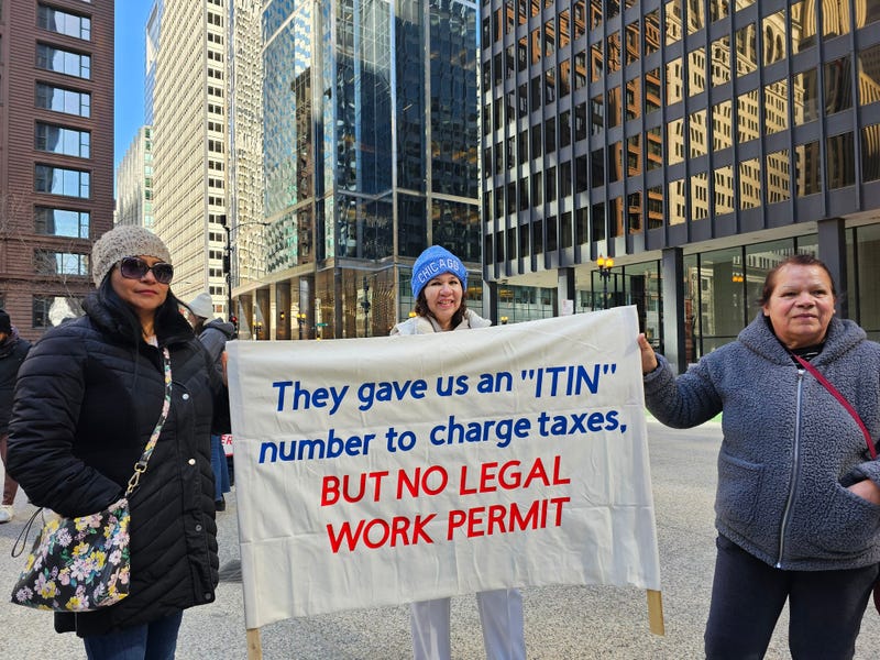 Dozens of demonstrators took to Chicago's Federal Plaza on Saturday to call on city and federal leaders to provide work permits to undocumented workers who have long lived in the United States.