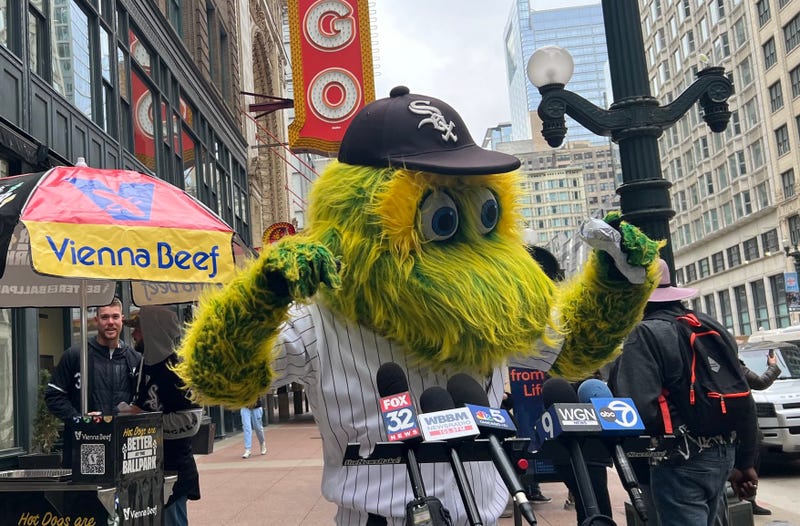 Chicago White Sox mascot Southpaw attends a hot dog giveaway downtown with players Gavin Sheets and Andrew Benintendi ahead of the team's home opener.