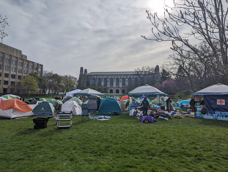 Demonstrators at a tent encampment located on Northwestern's Deering Meadow on April 26, 2024.
