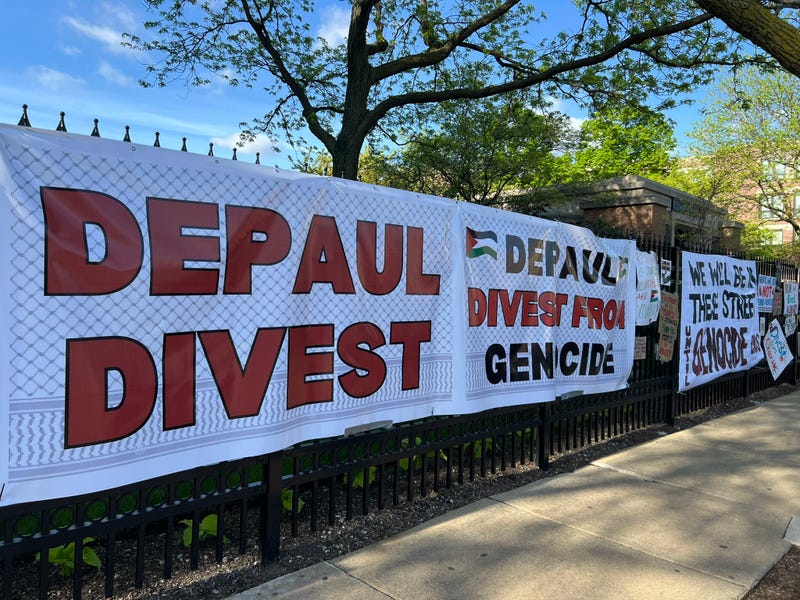 Pro-Palestinian demonstrators hung signs outside of the quad on DePaul University's campus.