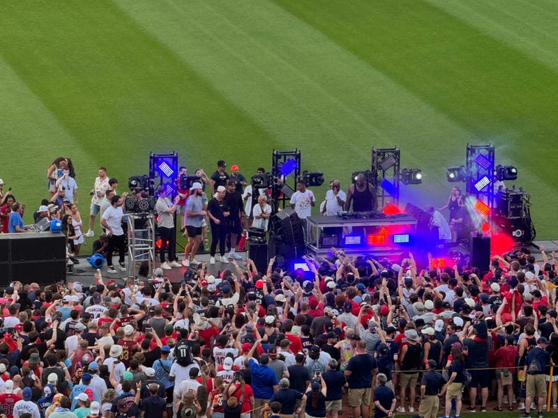 Cleveland Guardians players join Shaq on stage during DJ Diesel's postgame DJ party held on the field following Saturday's 6-3 win over the Blue Jays. 